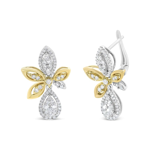 Pendientes colgantes de oro blanco y amarillo de 14 quilates con diamantes redondos engastados en pavé, forma de lágrima y marquesa (color HI, claridad SI1-SI2)