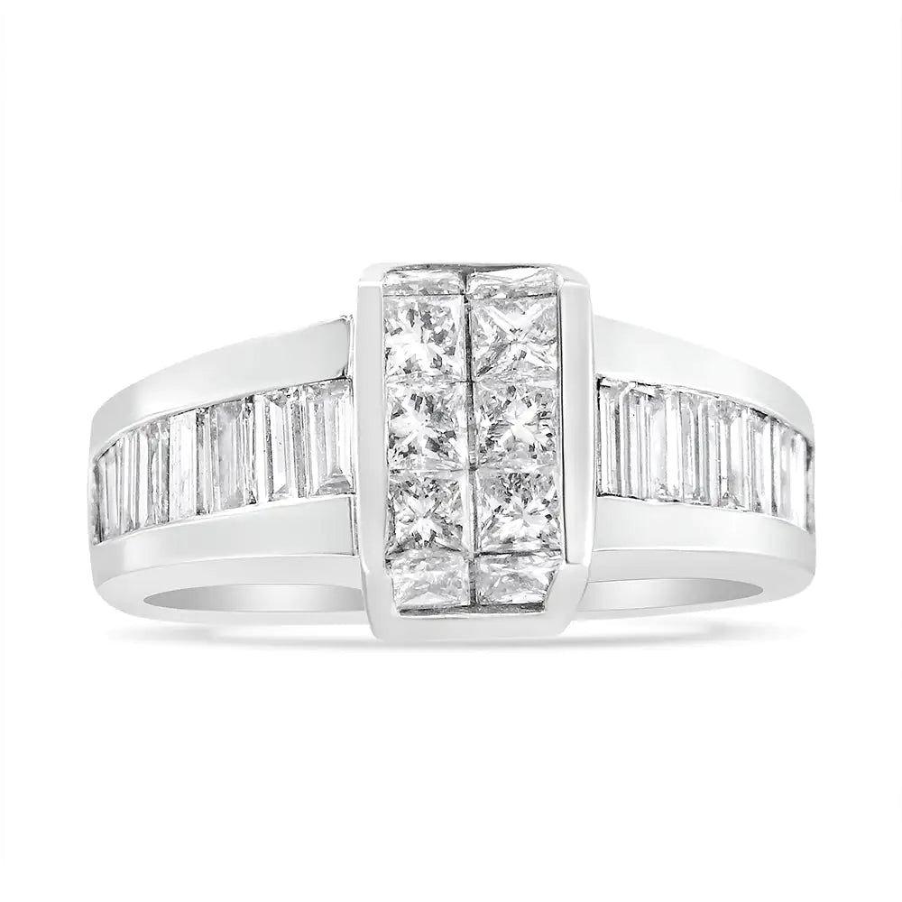 14K White Gold 2 3/4 Cttw Invisible-Set Princess and Channel-Set Baguette Diamond Step Up Cocktail Ring (G-H Color, SI1-SI2 Clarity)