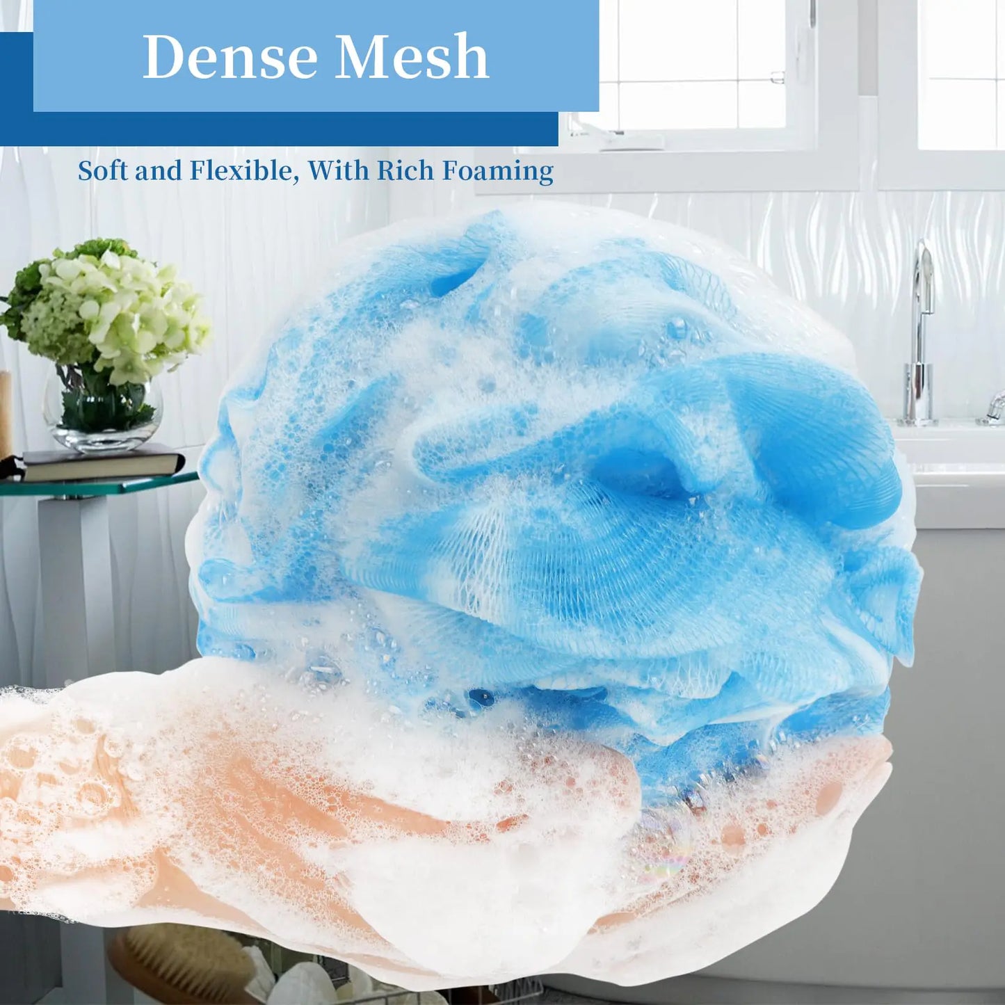 Bath Loofah Sponge Back Scrubber Dušikäsn Pehme võrguga koorija Pouf Shower Ball Vannikäsnad naistele ja meestele Vannitarvikud 4Pack 50G Sinine Must