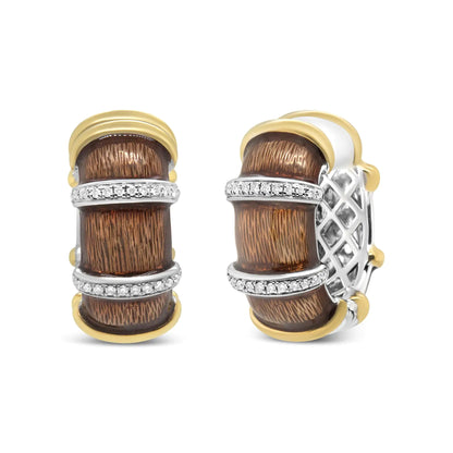 18K Yellow and White Gold Flash Plated .925 Sterling Silver Clear Brown Enamel 9/10 Cttw Round Diamonds Huggie Hoop Earrings (F-G Color, VS1-VS2 Clarity)