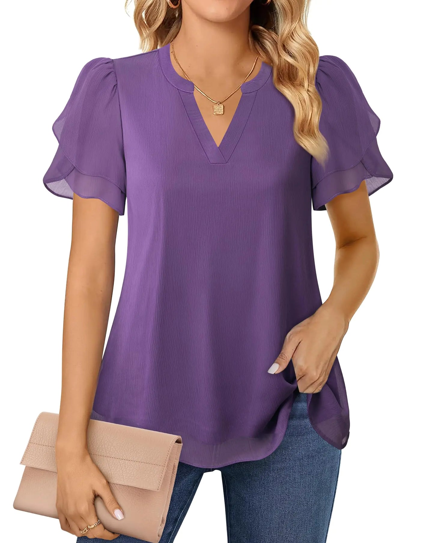 Blusas elegantes de gasa Lotusmile para mujer, de verano, con pétalos abullonados, de manga corta, cuello en V, informales, para el trabajo, color morado medio