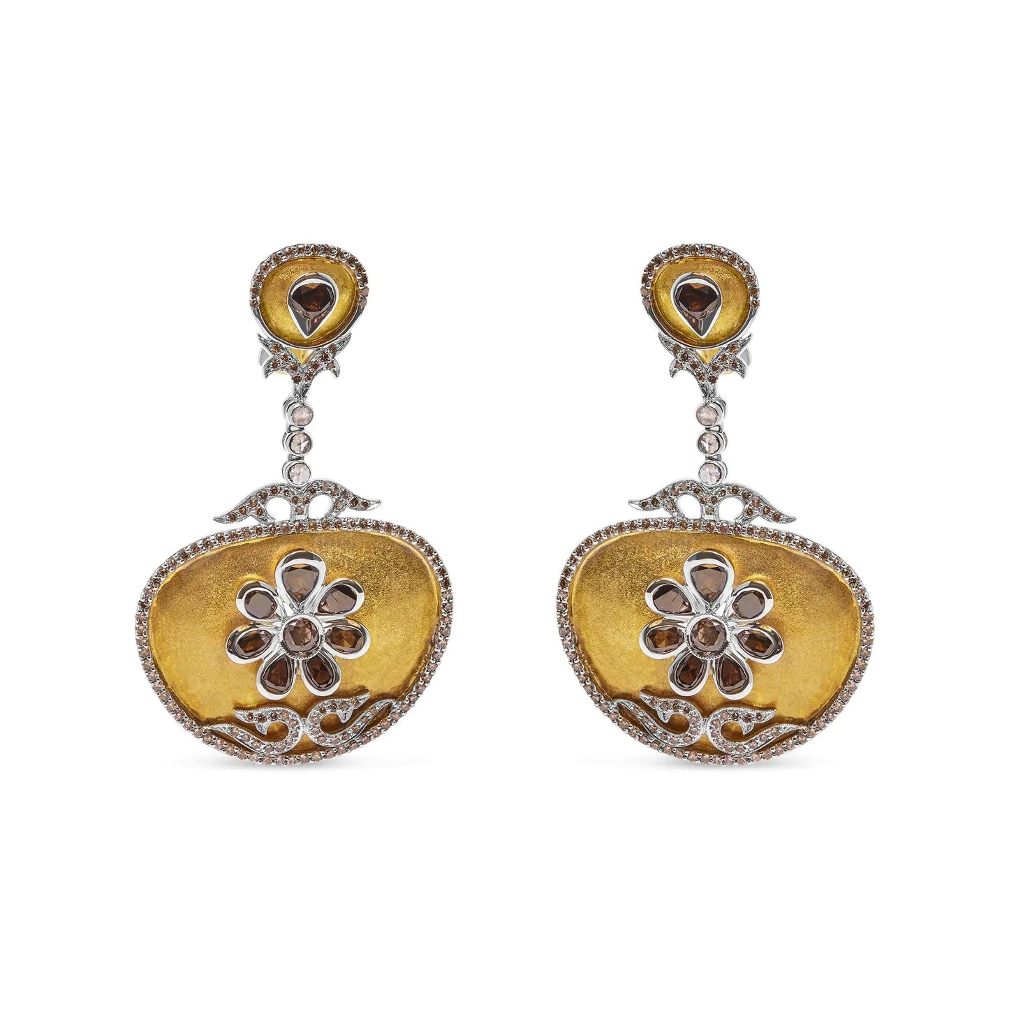 14K White and Yellow Gold 5 1/4 Cttw Rose Cut Diamond Matte Finished Medallion Dangle Earring (Fancy Color, I1-I2 Clarity)