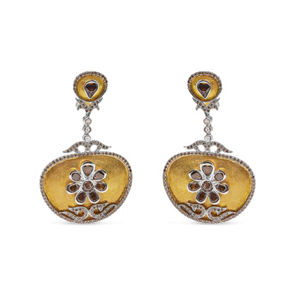 14K White and Yellow Gold 5 1/4 Cttw Rose Cut Diamond Matte Finished Medallion Dangle Earring (Fancy Color, I1-I2 Clarity)