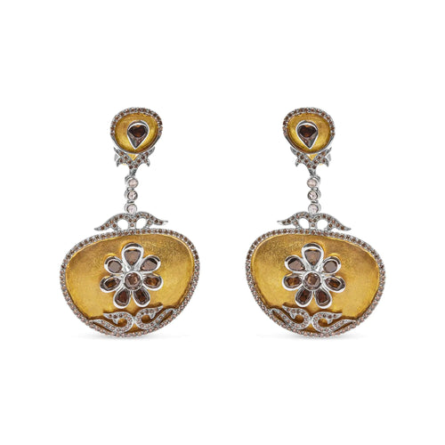 14K White and Yellow Gold 5 1/4 Cttw Rose Cut Diamond Matte Finished Medallion Dangle Earring (Fancy Color, I1-I2 Clarity)