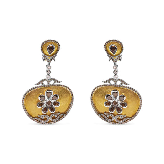 14K White and Yellow Gold 5 1/4 Cttw Rose Cut Diamond Matte Finished Medallion Dangle Earring (Fancy Color, I1-I2 Clarity)