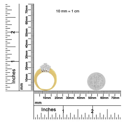 10K Yellow Gold 1.0 Cttw Round & Baguette Cut Diamond Floral Cluster Double-Channel Flared Band Statement Ring (H-I Color, SI2-I1 Clarity)