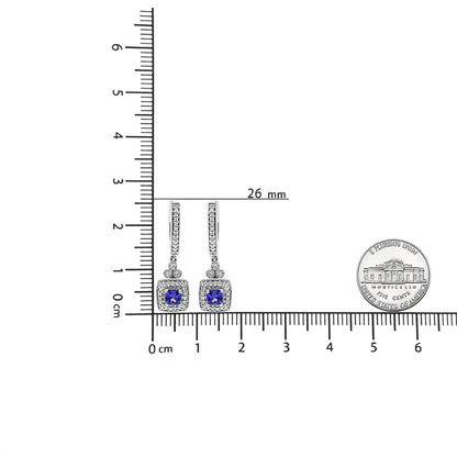 14K White Gold 4x4 mm Cushion Shaped Blue Tanzanite and 1/3 Cttw Diamond Halo 1" Inch Drop and Dangle Earrings (J-K Color, SI2-I1 Clarity)