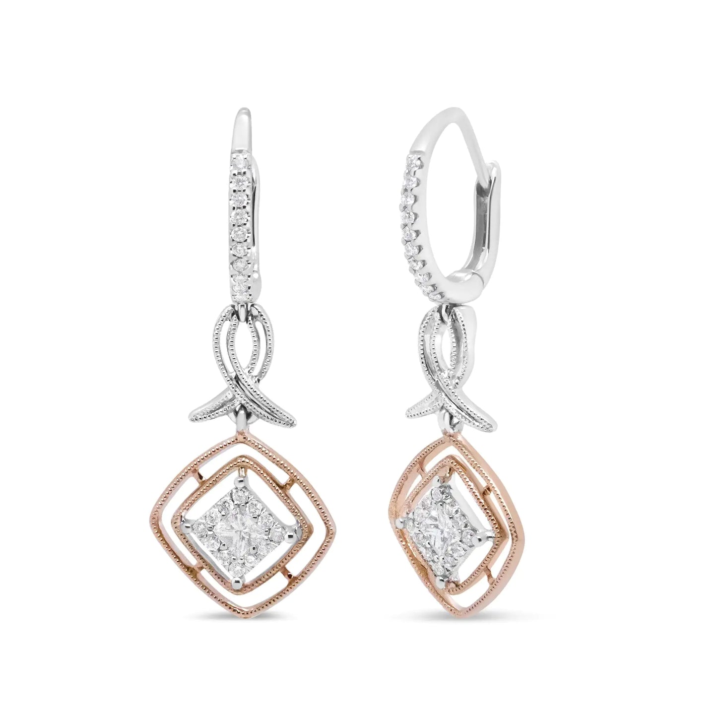 Aretes colgantes de cinta marquesa calada con diamantes de talla princesa y redonda de 1/2 ct en oro blanco y rosa de 14 quilates (color GH, claridad SI2-I1)