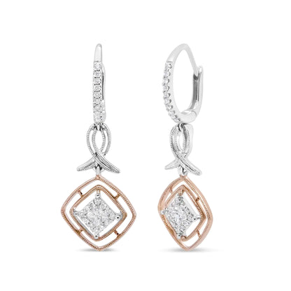 Aretes colgantes de cinta marquesa calada con diamantes de talla princesa y redonda de 1/2 ct en oro blanco y rosa de 14 quilates (color GH, claridad SI2-I1)