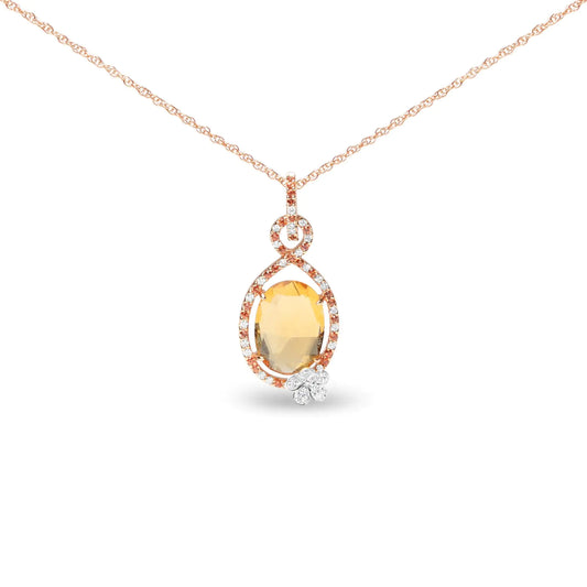 18K rosegull 1/5 Cttw diamant og oval gul sitrin og rund oransje safir edelsten gjennombrudd Halo Teardrop med blomsterdesign 18" anhengskjede (GH farge, SI1-SI2 klarhet)