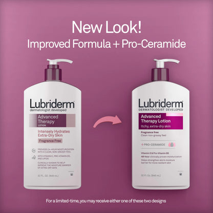 Lubriderm Advanced Therapy Moisturizing Hand and Body Lotion + Pro-Ceramide with Vitamin E and Pro-Vitamin B5, Non-Greasy, Fragrance-Free, Intense Hydration for Itchy, Extra Dry Skin, 32 FL OZ