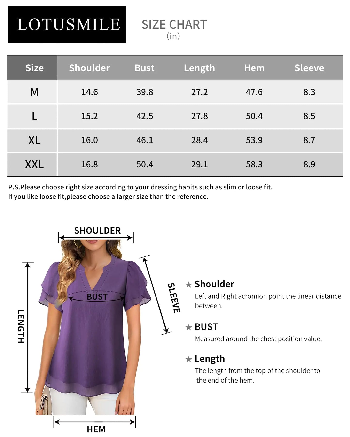 Blusas elegantes de gasa Lotusmile para mujer, de verano, con pétalos abullonados, de manga corta, cuello en V, informales, para el trabajo, color morado medio