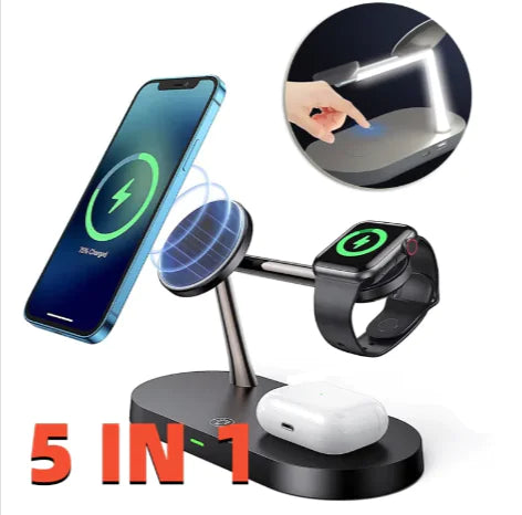 5-in-1 Magnetic Wireless Charger with Phone & Watch Stand – 15W Fast Charging Dock