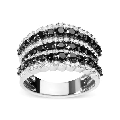 Anillo de plata de ley 925 de 1 3/4 ct con diamantes blancos y negros alternados y varias filas (color negro/IJ, claridad I2-I3)