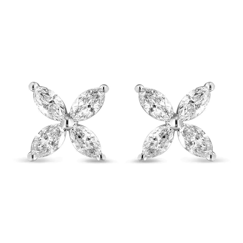 Aretes de oro blanco de 14 quilates con 1,0 ct de diamantes marquesa cultivados en laboratorio y 8 piedras con diseño floral (color FG, claridad VS2-SI1)