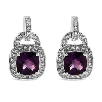 .925 Sterling Silver 8MM Natural Cushion Shaped Amethyst and Diamond Accent Halo with Push Back Dangle Earrings (I-J Color, I2-I3 Clarity)