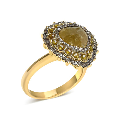 Anillo de cóctel de oro amarillo de 14 quilates con halo de diamantes blancos y talla rosa amarilla de 3,00 quilates (color amarillo/IJ, claridad I1-I2) - Talla 7