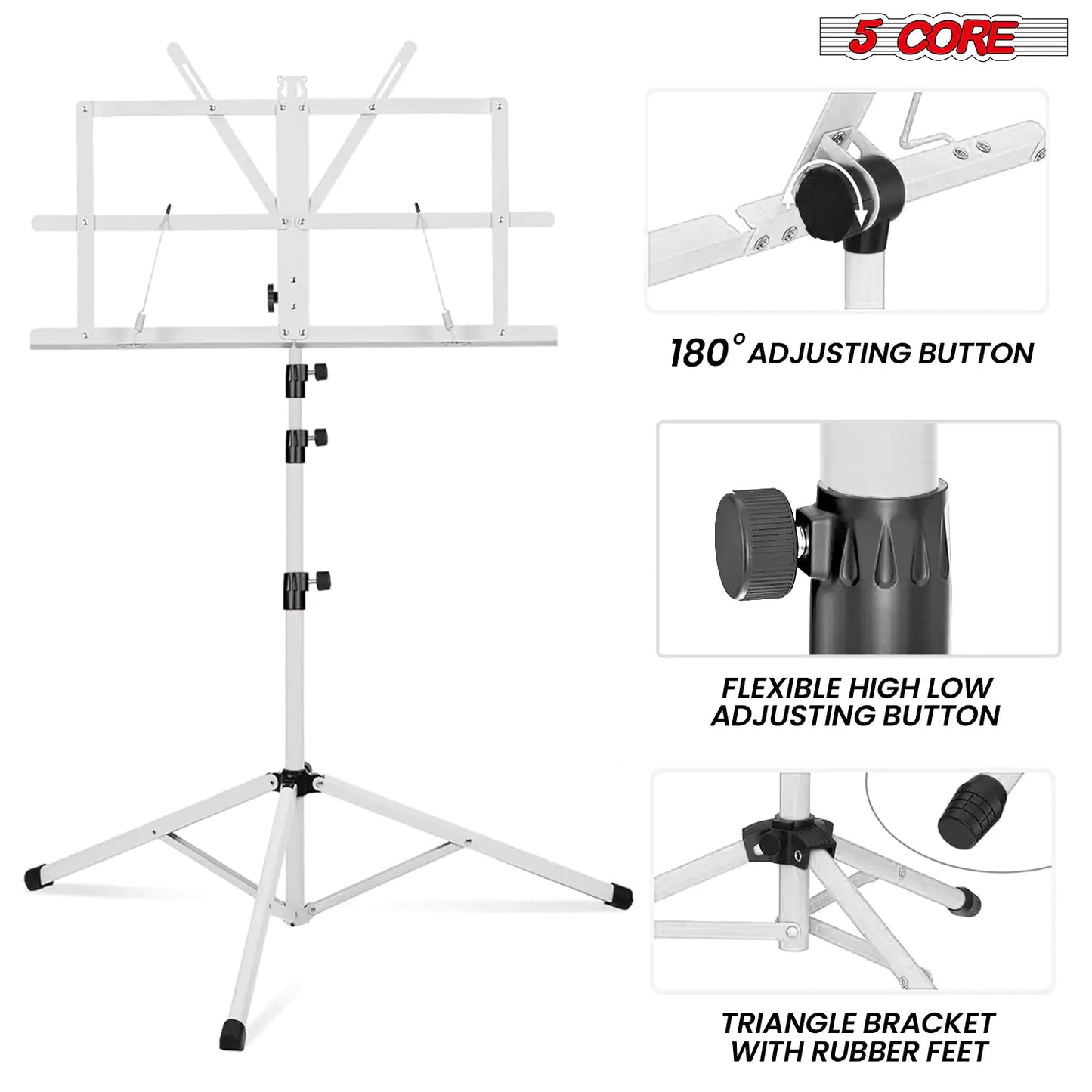 Soporte de Música 5Core para Partituras de Música Portátil com Tripé Ajustável e Dobrável, Soporte para Notas Mais Alto Branco