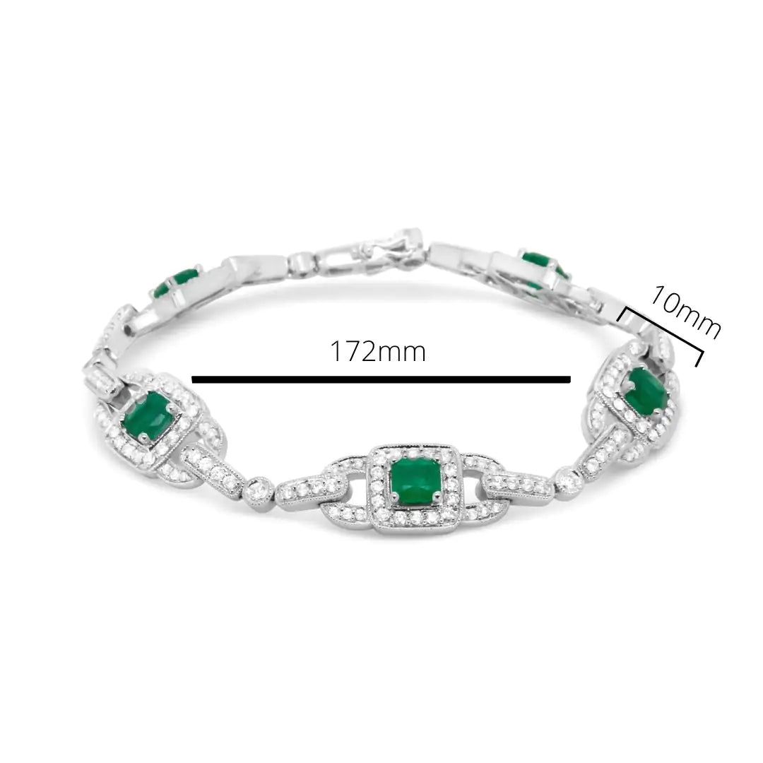 14K White Gold 5mm Emerald Cushion Cut and 2.00 Cttw Round Bezel-Set Diamond Link Bracelet - (H-I Color, VS1-VS2 Clarity) - Size 7"