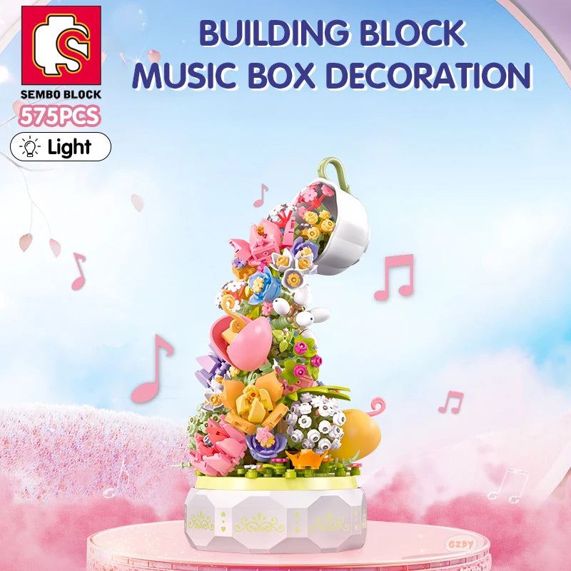 Caixa Musical Sembo Block Xícara de Flores com Iluminação