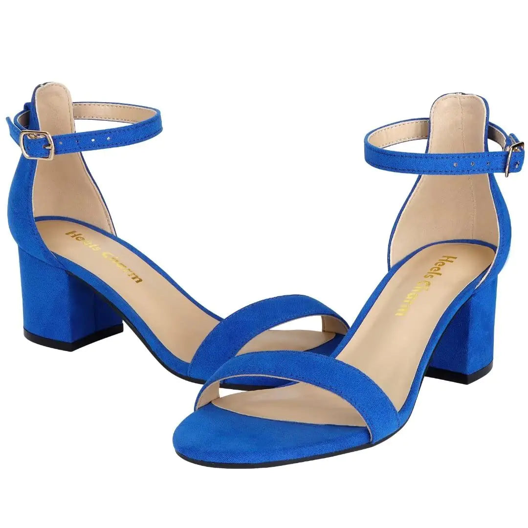 Sandalias de tacón bajo con tiras gruesas para mujer, de 5 cm, con puntera abierta y tira en el tobillo, para vestir, para uso diario, para trabajo y fiesta, en terciopelo azul 7