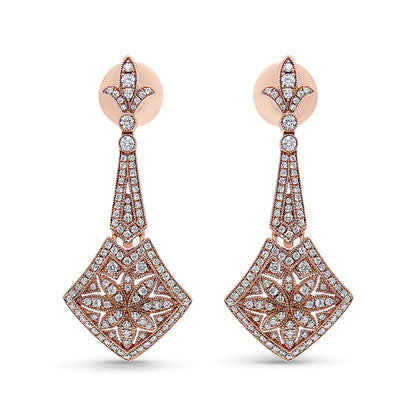 18K Rose Gold 1 1/3 Cttw Diamond Studded Fleur De Lis Trellis Style Drop and Dangle Earring (F-G Color, VS1-VS2 Clarity)