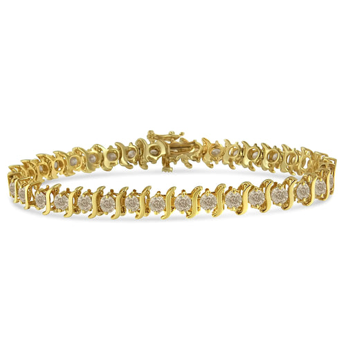 10K Yellow Gold Plated .925 Sterling Silver 7.0 cttw 2-Prong Set Round Brilliant Cut Diamond "S" Link Bracelet (J-K color, I1-I2 clarity) - 7"