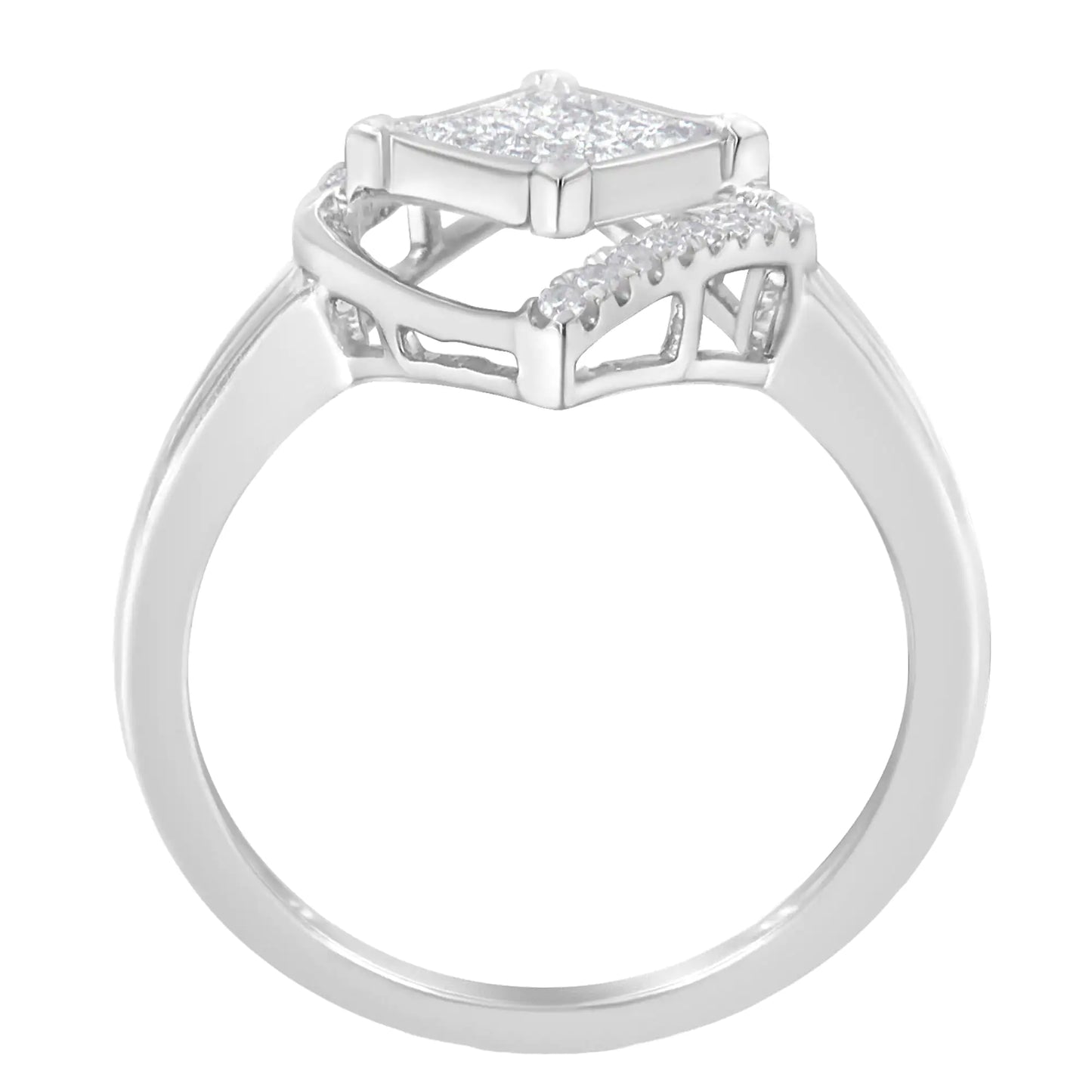 10k White Gold 1/3 Cttw Round and Princess Diamond Double Triangle Cocktail Ring (H-I Color, SI1-SI2 Clarity)