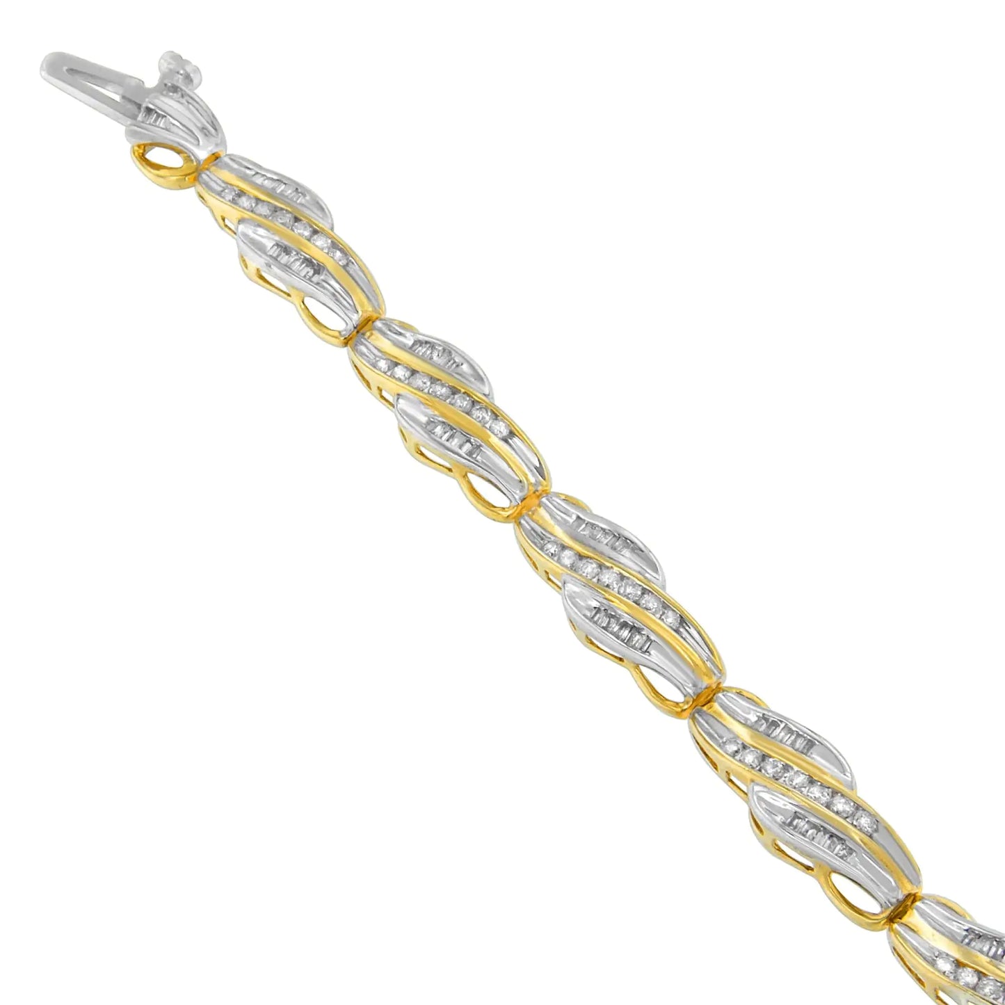 Pulsera de oro amarillo de 10 quilates con diamantes redondos y talla baguette (2 cts, color IJ, claridad I2-I3)