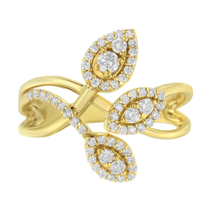 10K Yellow Gold 1/2 Cttw Round-Cut Diamond Layered Crossover Triple Leaf Bypass Ring (I-J Color, I1-I2 Clarity)