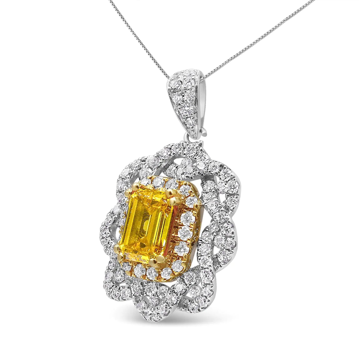 18K Yellow and White Gold 1.75 Cttw Diamond Lab Grown Treated Yellow Emerald Center Diamond Halo 18" Pendant Necklace (Yellow/G-H Color, VS1-VS2 Clarity)