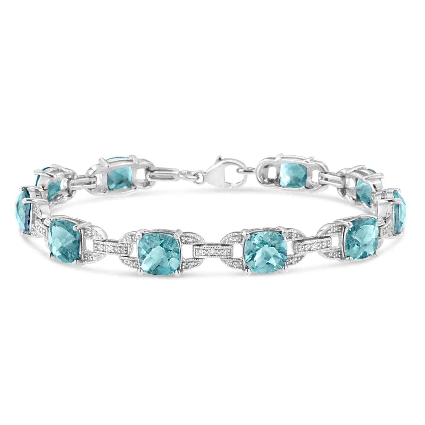 Pulsera de tenis de moda en plata de ley 925 con topacio azul de talla cojín de 7 x 7 mm y diamantes de talla redonda de 1/20 ct (color IJ, claridad I1-I2) - 18 cm