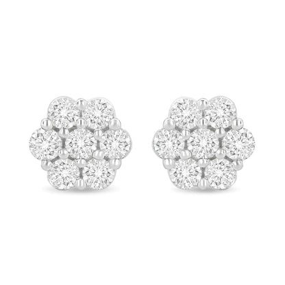 14K White Gold 1 1/2 cttw Prong Set Round-Cut Diamond Floral Cluster Stud Earrings (I-J Color, SI1-SI2 Clarity)