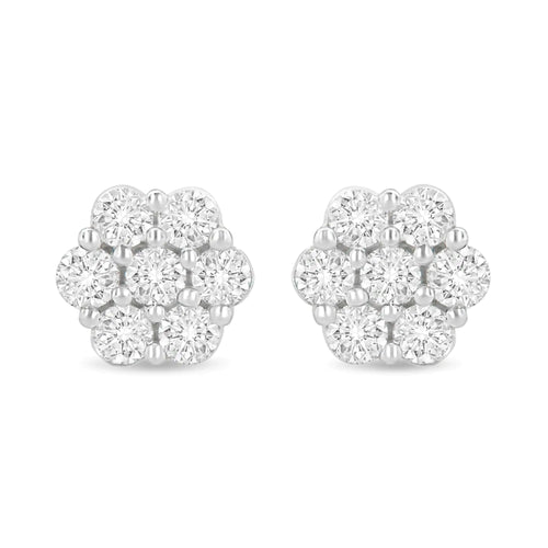 14K White Gold 1 1/2 cttw Prong Set Round-Cut Diamond Floral Cluster Stud Earrings (I-J Color, SI1-SI2 Clarity)