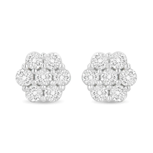 14K White Gold 1 1/2 cttw Prong Set Round-Cut Diamond Floral Cluster Stud Earrings (I-J Color, SI1-SI2 Clarity)