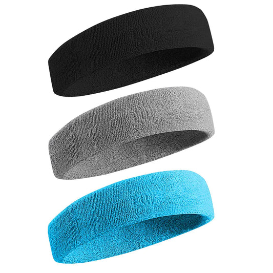 BEACE Sweatbands Sports Headband for Men & Women - Moisture Wicking Athletic Cotton Terry Cloth Sweatband for Tennis, Basketball, Running, Gym, Working Out Black/Gray/Blue