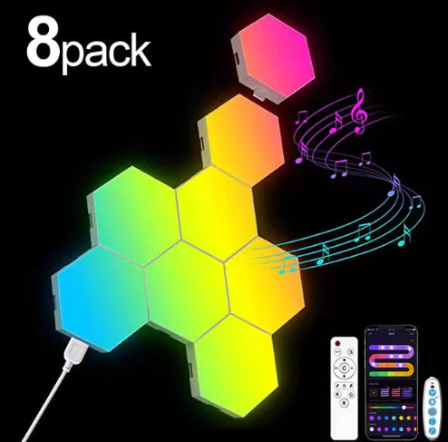 Lâmpada de Parede Hexagonal RGB Inteligente – Luz Ambiente com Mudança de Cores, Sincronização com Música e Controle por App