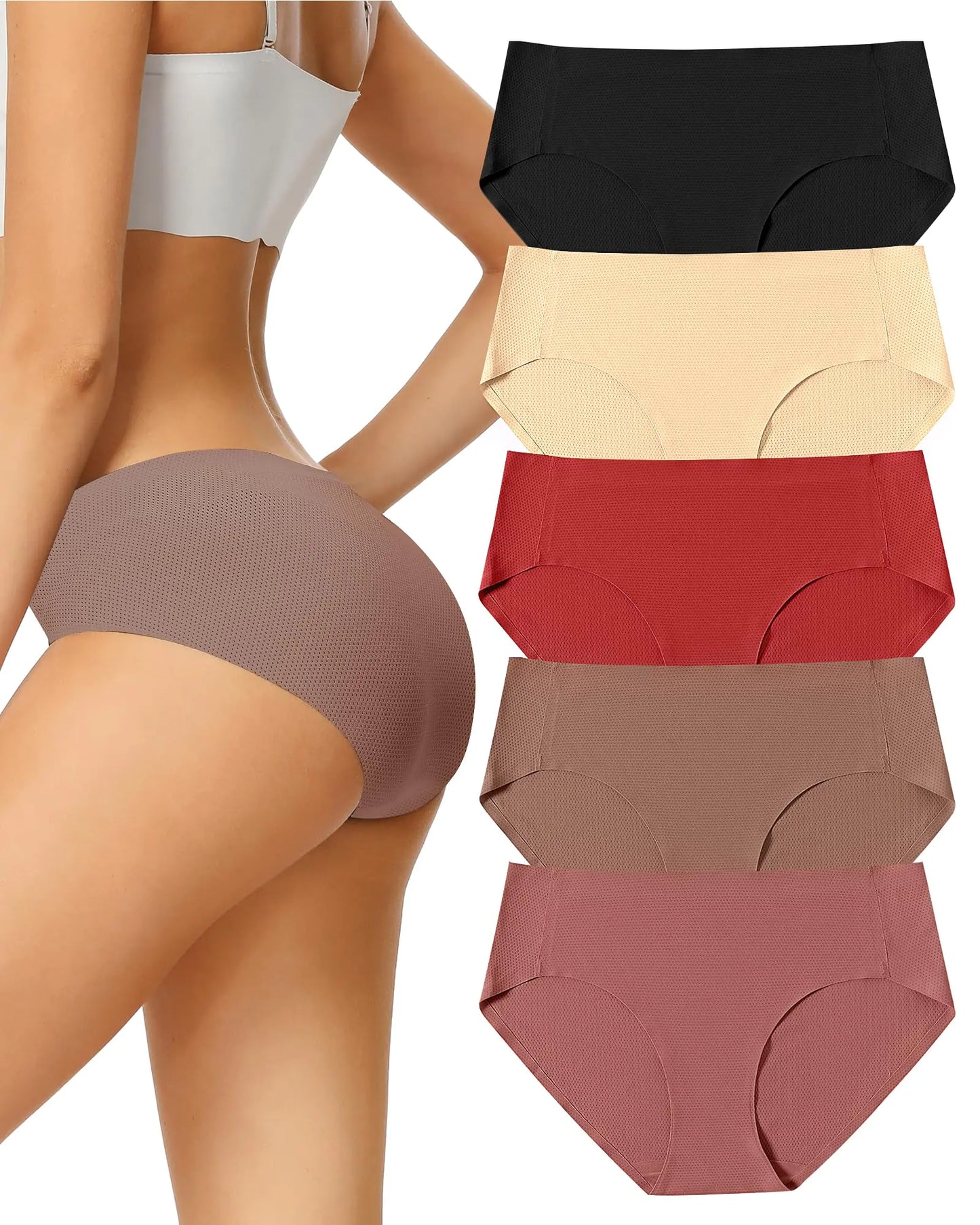 voenxe Women Seamless Hipster Underwear,Breathable Ladies Panties Bikini,No Show Briefs,Comfortable Undies for Women 5-Pack X-Small Coffee