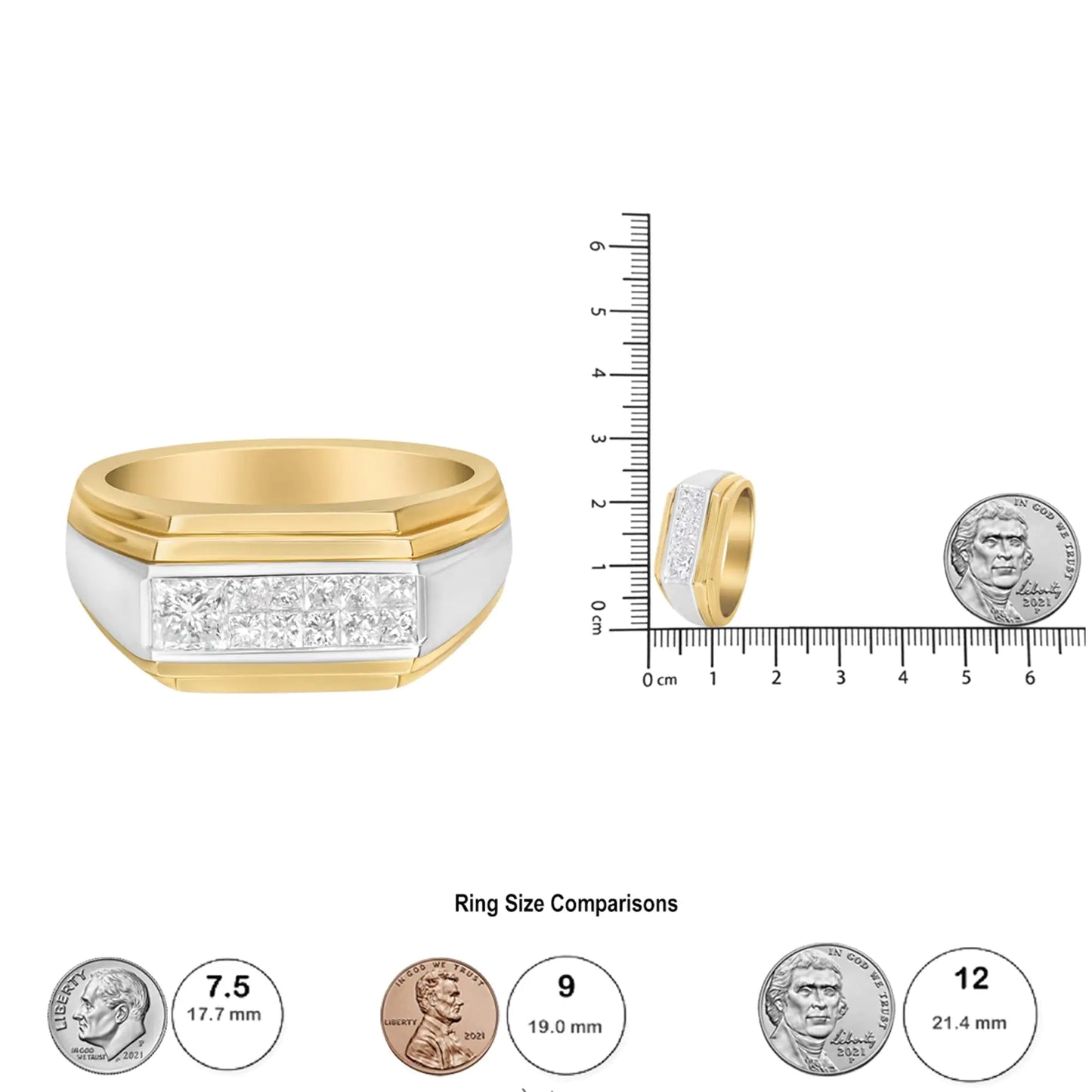 14K 黄金和白金 1.00 克拉公主方形切割钻石现代男士戒指（GH 颜色，SI1-SI2 净度）- 尺码 10