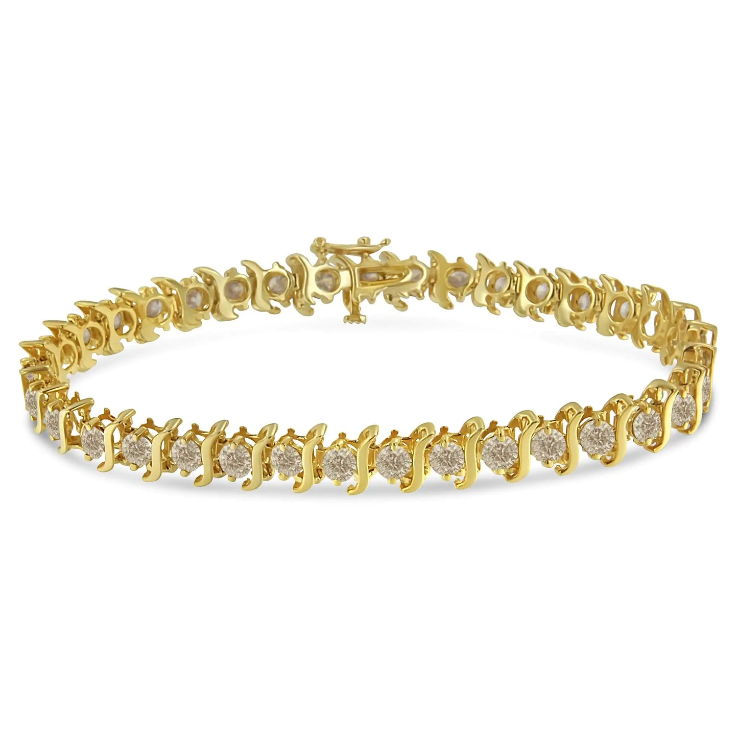 Pulsera de eslabones "S" con diamantes redondos de talla brillante de 7,0 cts, engastados en dos puntas, bañada en oro amarillo de 10 quilates (plata de ley .925, 7") (color JK, claridad I1-I2) - 7"