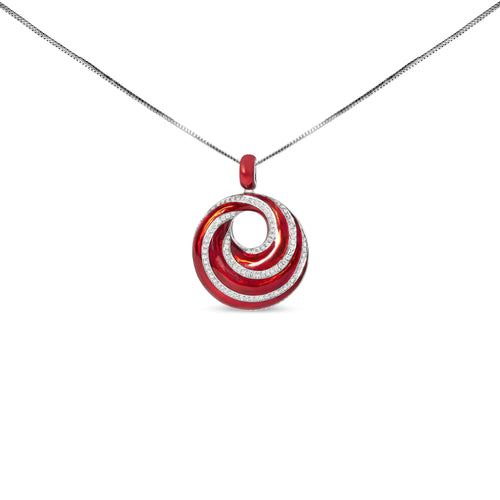 Collar con colgante de medallón de espiral infinito de 45 cm en plata de ley 925 con esmalte rojo y 1/2 diamante (color FG, claridad VS1-VS2)