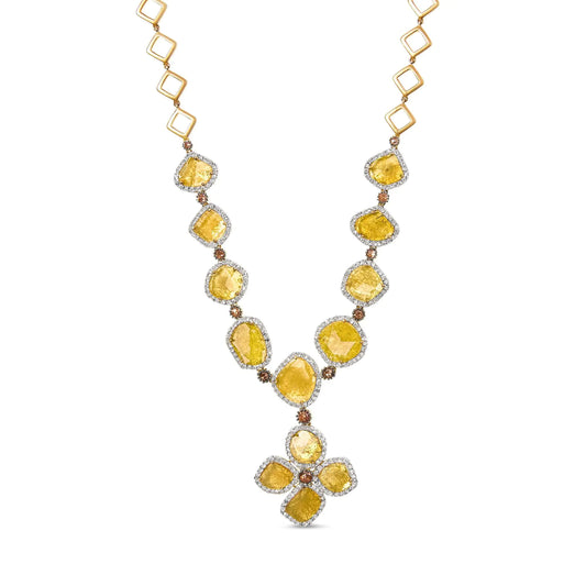 14K gult gull 16 7/8 Cttw Fancy Yellow Rose Cut Diamond 16" Halskjede med 4-kløverdråpe (Fancy Yellow/IJ-farge, I1-I2 Clarity)