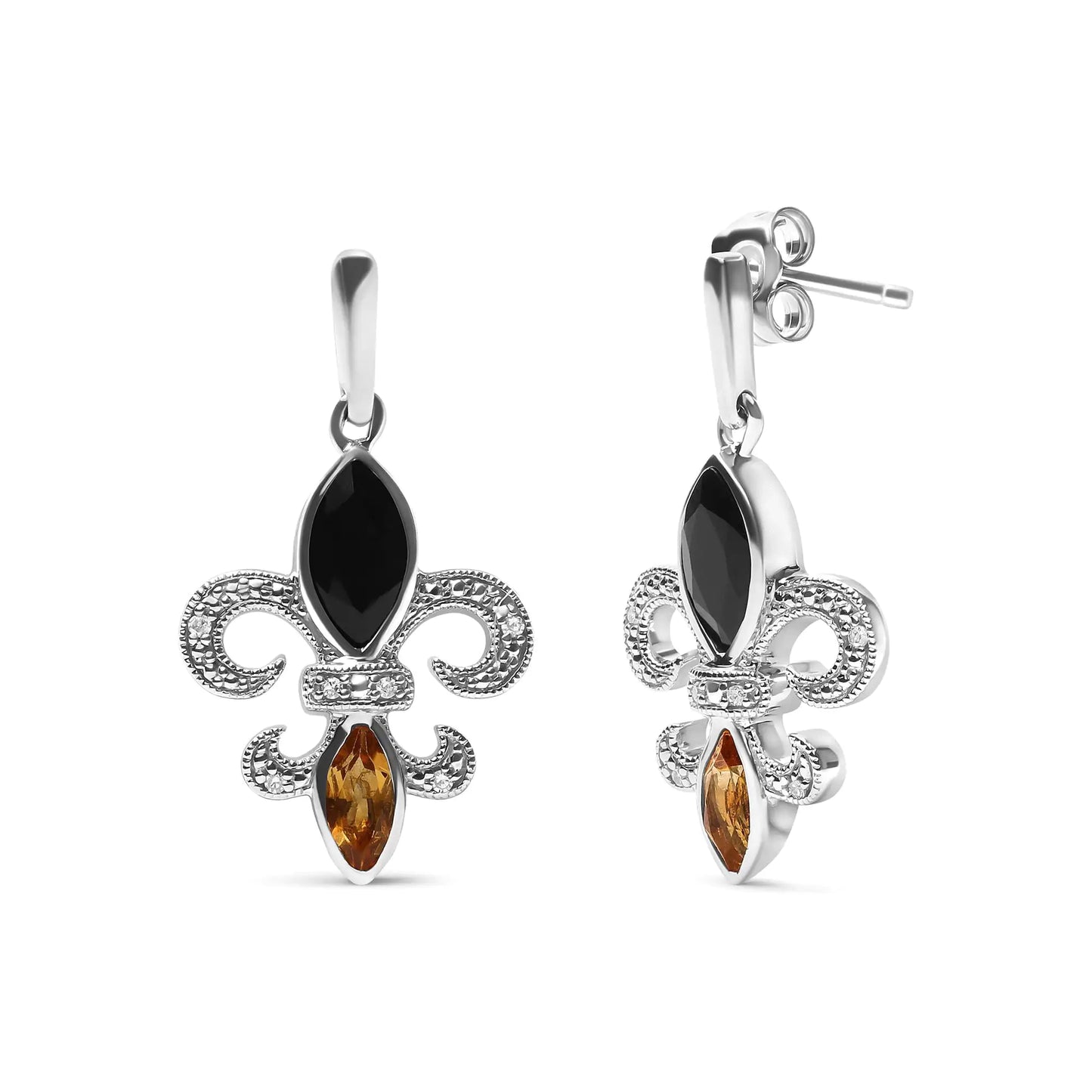 .925 Sterling Silver Marquise lõigatud oonüks ja tsitriin teemantaktsendiga Fleur De Lis Drop Stud kõrvarõngad (HI Color, SI1-SI2 Clarity)