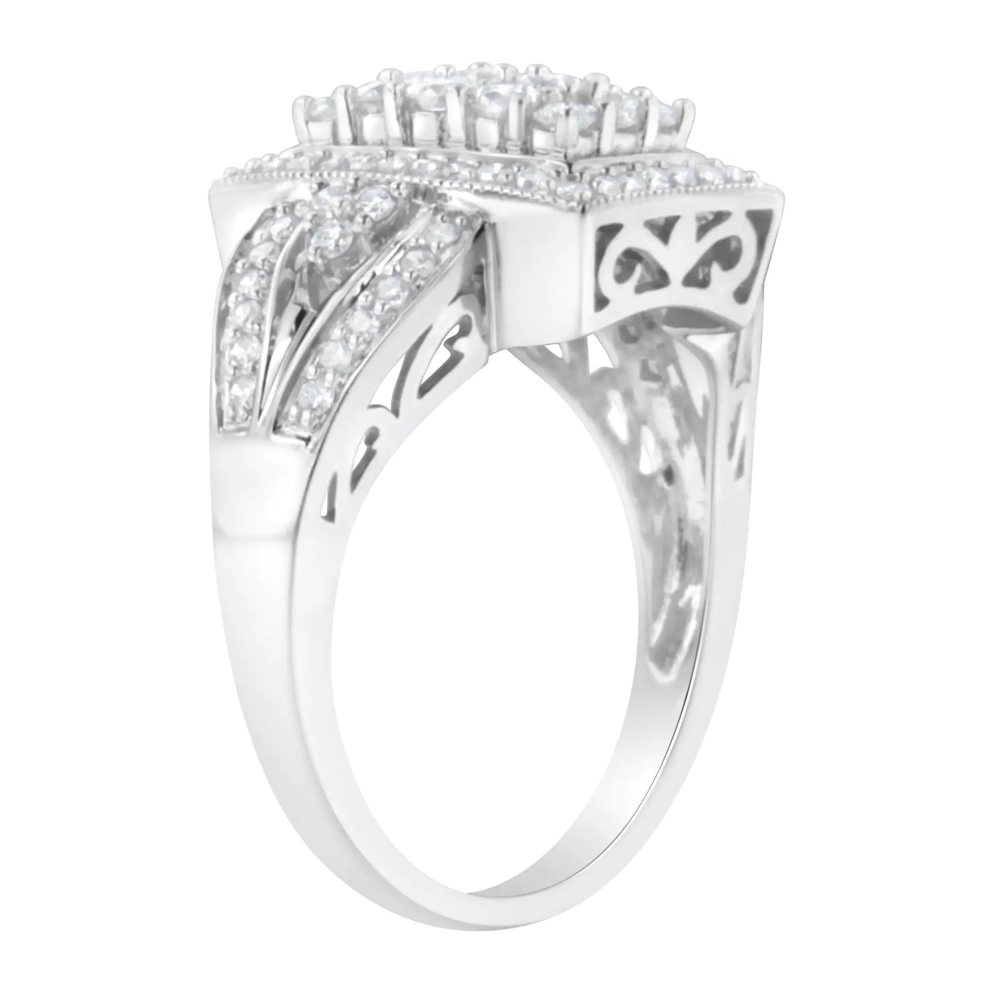 10K White Gold 1.0 Cttw Diamond Rectangular Cushion Shaped Cluster Halo Flared Band Cocktail Fashion Ring (H-I Color, SI2-I1 Clarity)