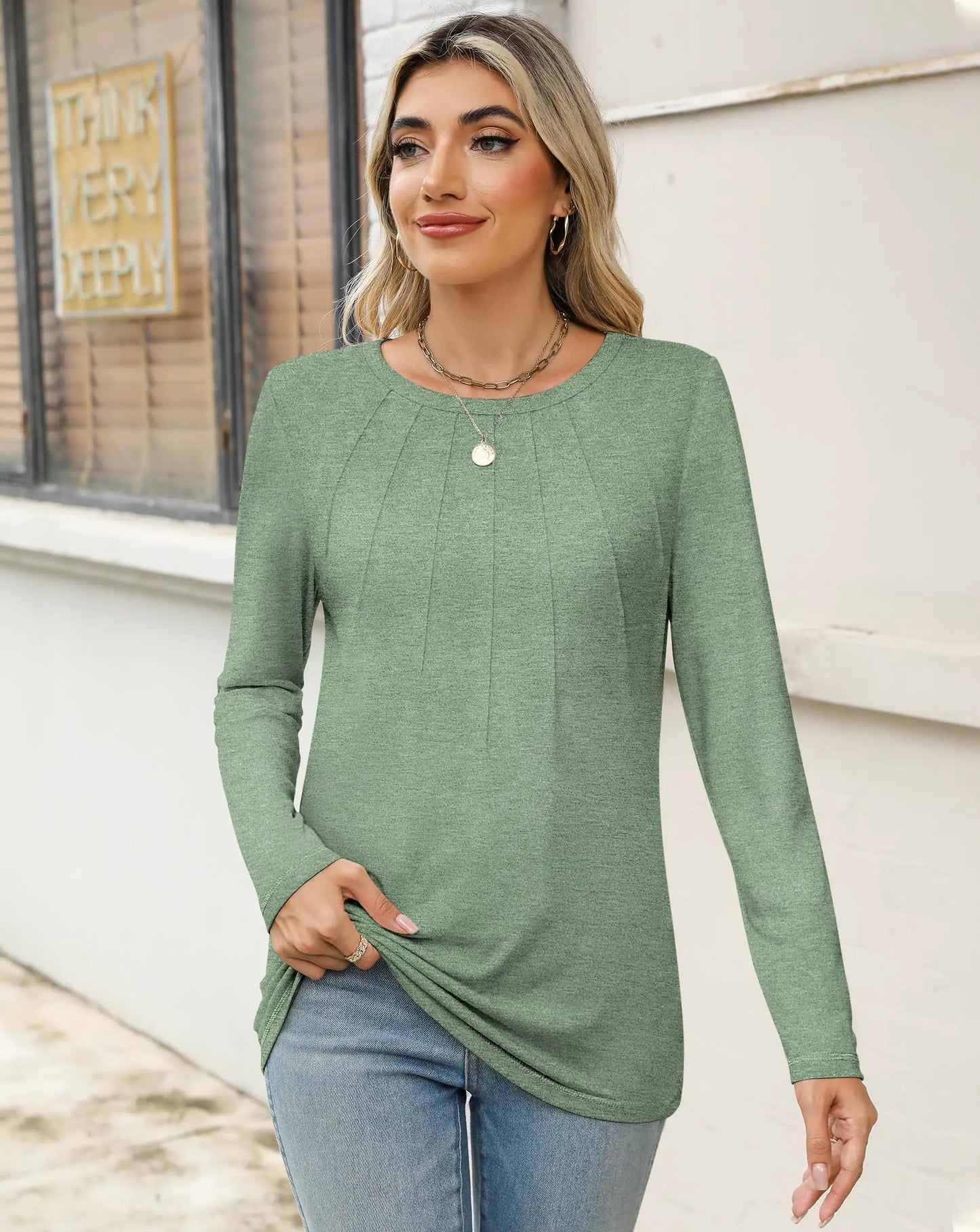 Womens Long Sleeve Shirts Pleated Tunic Tops Loose Dressy Casual Blouses Basic Trendy Fall Clothes 2024 02 Light Green Small, Green Pleated Tunic Tops