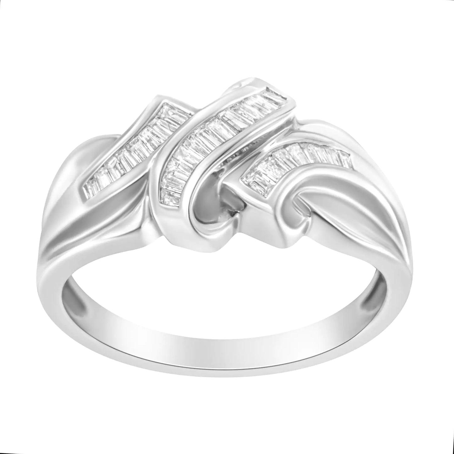 14K White Gold 1/3 Cttw Channel Set Baguette Diamond Bypass Ring Band (H-I Color, SI1-SI2 Clarity)