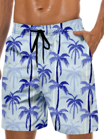 Men's Swim Trunks Hawaiian Bathing Mesh Lining Suit Swimsuits Beach Shorts with Pockets 3X-Large Light Blue-plam Tree