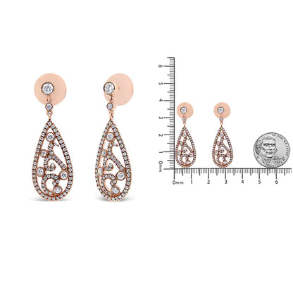 Aretes colgantes de oro rosa de 18 quilates con diamantes de 1 1/4 quilates y cierre de rosca (color FG, claridad VS1-VS2)