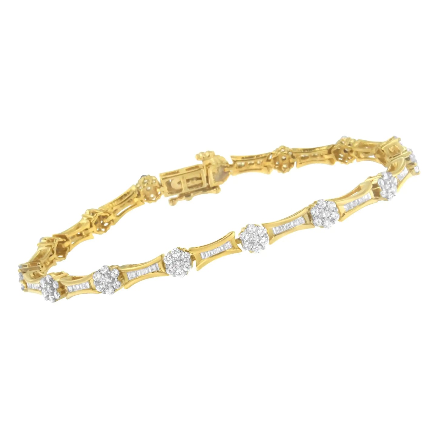 Pulsera de oro amarillo y blanco de 10 quilates con eslabones de diamantes redondos y talla baguette de 2,00 cts (color IJ, claridad I2-I3) - Talla 7,25"