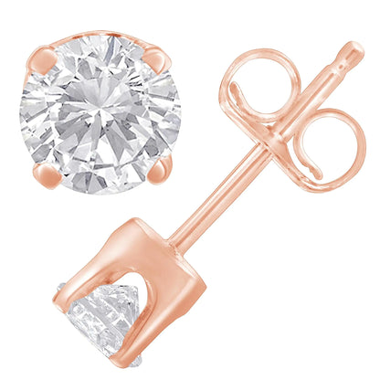 10K Rose Gold over .925 Sterling Silver 3/4 Cttw Round Brilliant-Cut Diamond Classic 4-Prong Stud Earrings (K-L Color, I2-I3 Clarity)